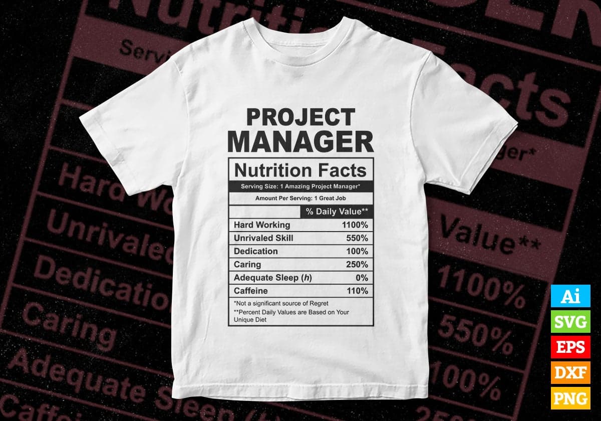 Funny Project Manager Nutrition Facts Editable Vector T-shirt Design in Ai Svg Png Files