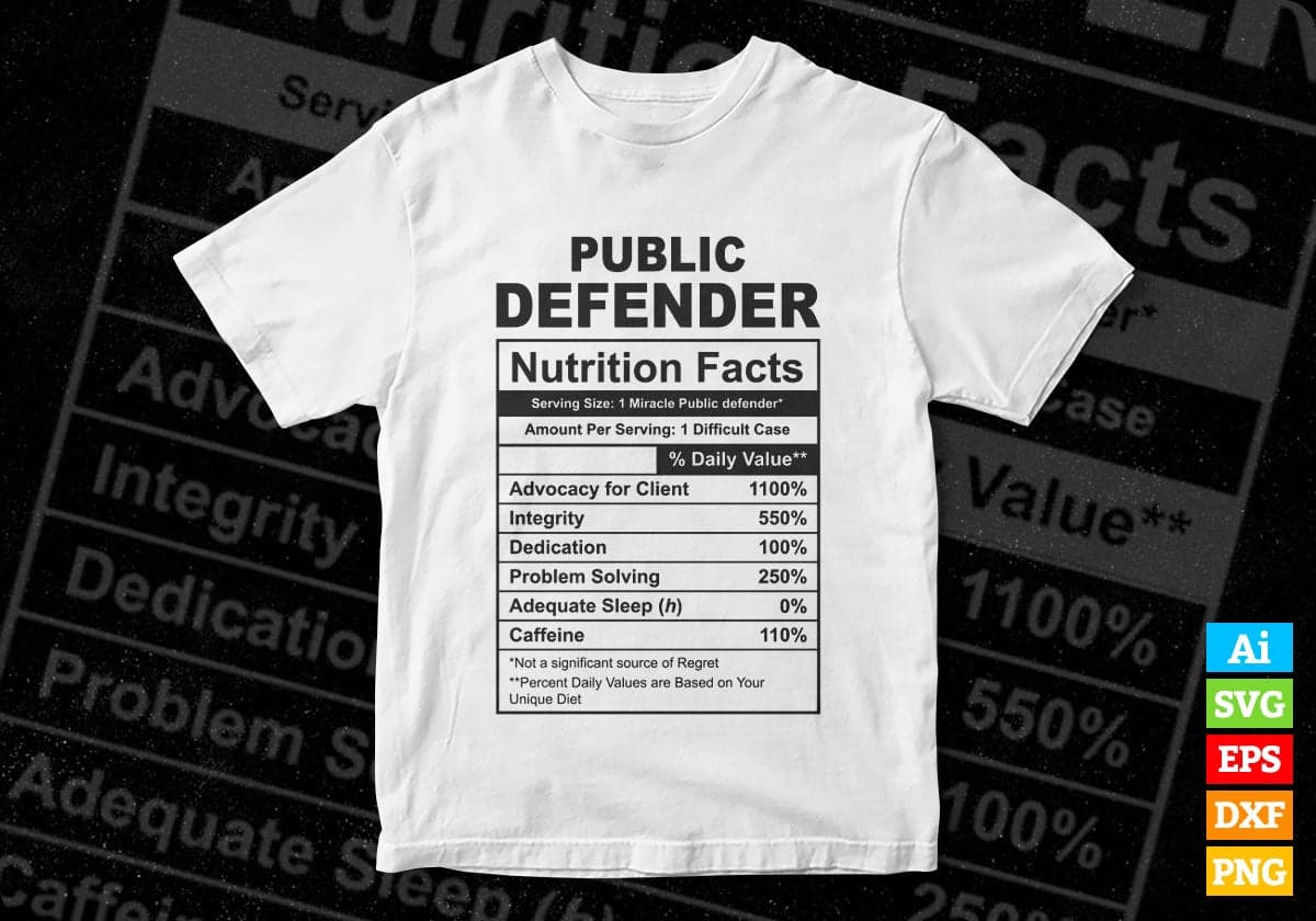 Funny Public Defender Nutrition Facts Editable Vector T-shirt Design in Ai Svg Png Files