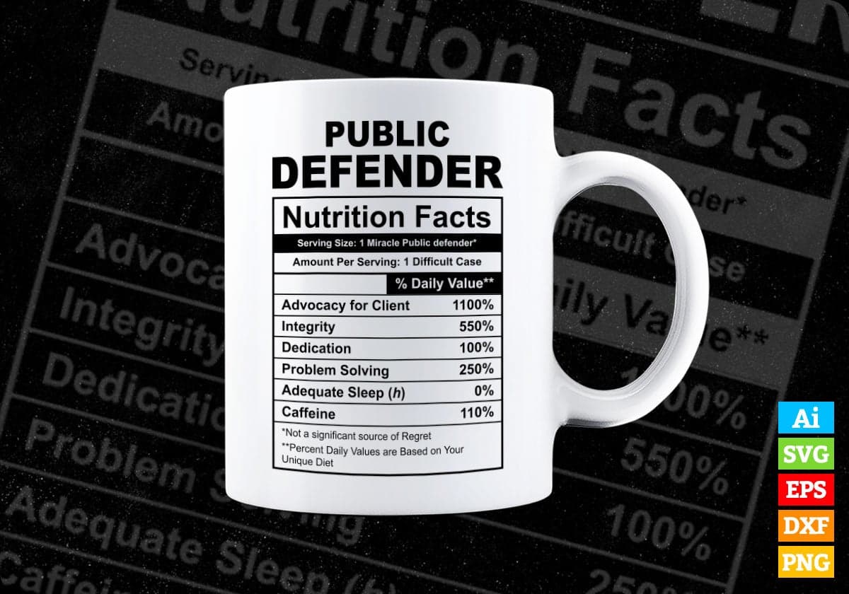 Funny Public Defender Nutrition Facts Editable Vector T-shirt Design in Ai Svg Png Files