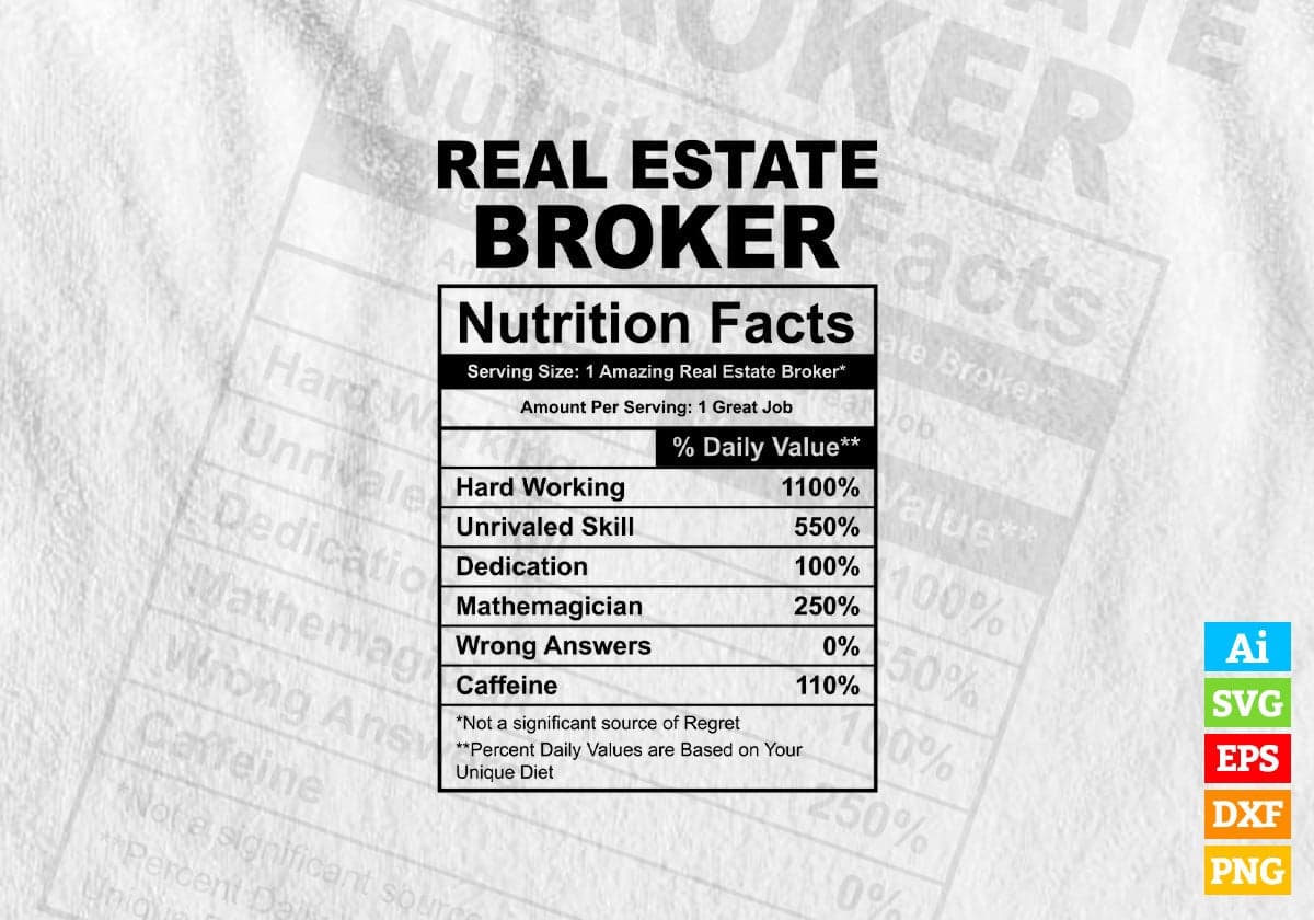 Funny Real Estate Broker Nutrition Facts Editable Vector T-shirt Design in Ai Svg Png Files