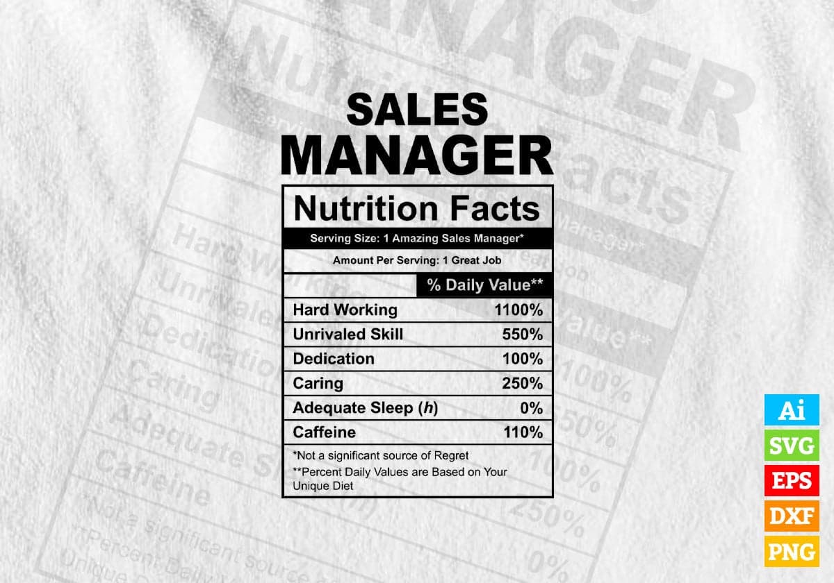 Funny Sales Manager Nutrition Facts Editable Vector T-shirt Design in Ai Svg Png Files