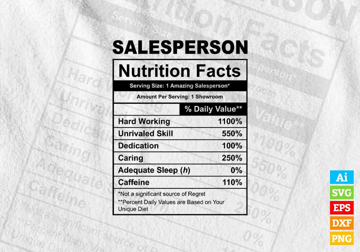 Funny Salesperson Nutrition Facts Editable Vector T-shirt Design in Ai Svg Png Files