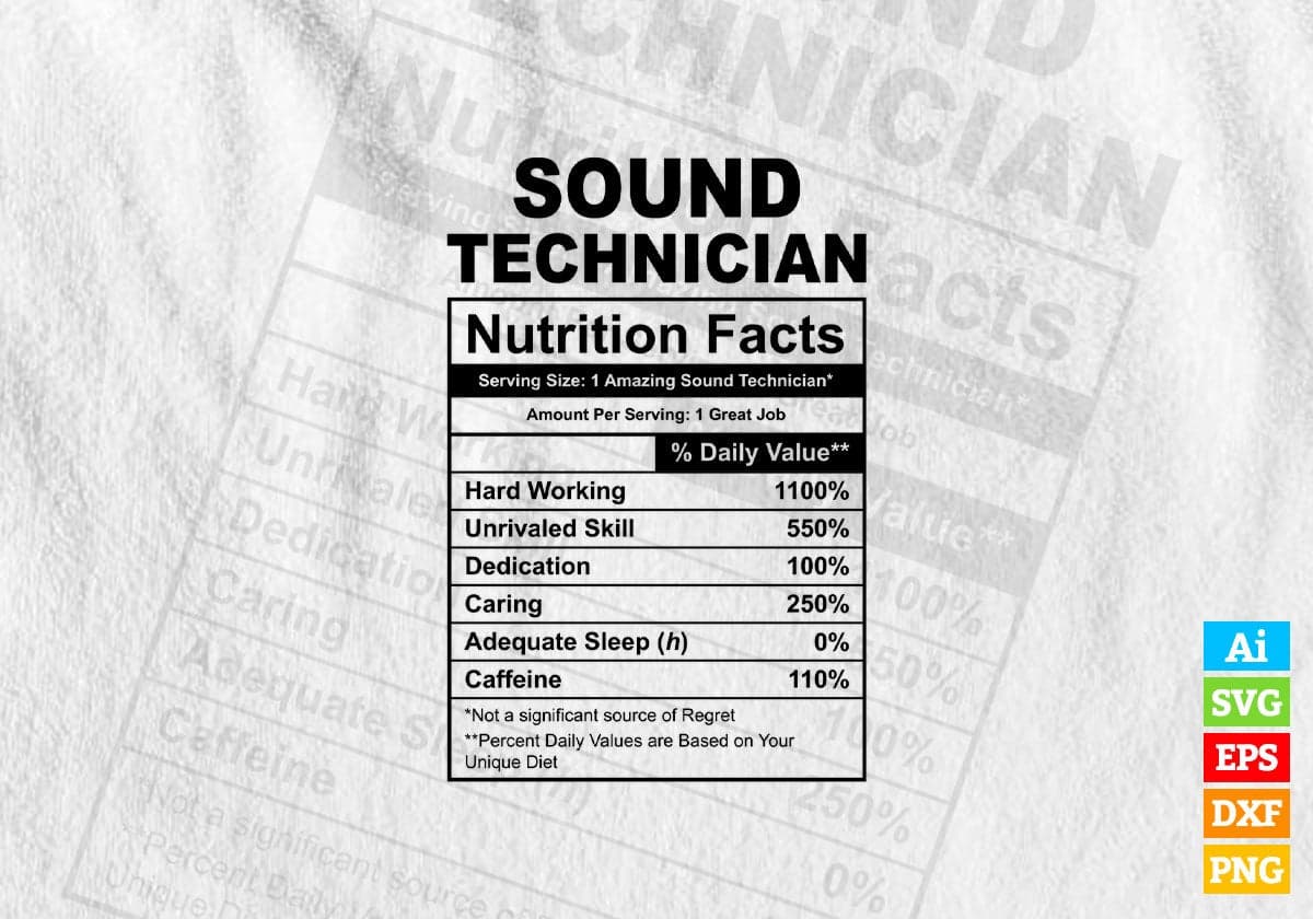 Funny Sound Technician Nutrition Facts Editable Vector T-shirt Design in Ai Svg Png Files