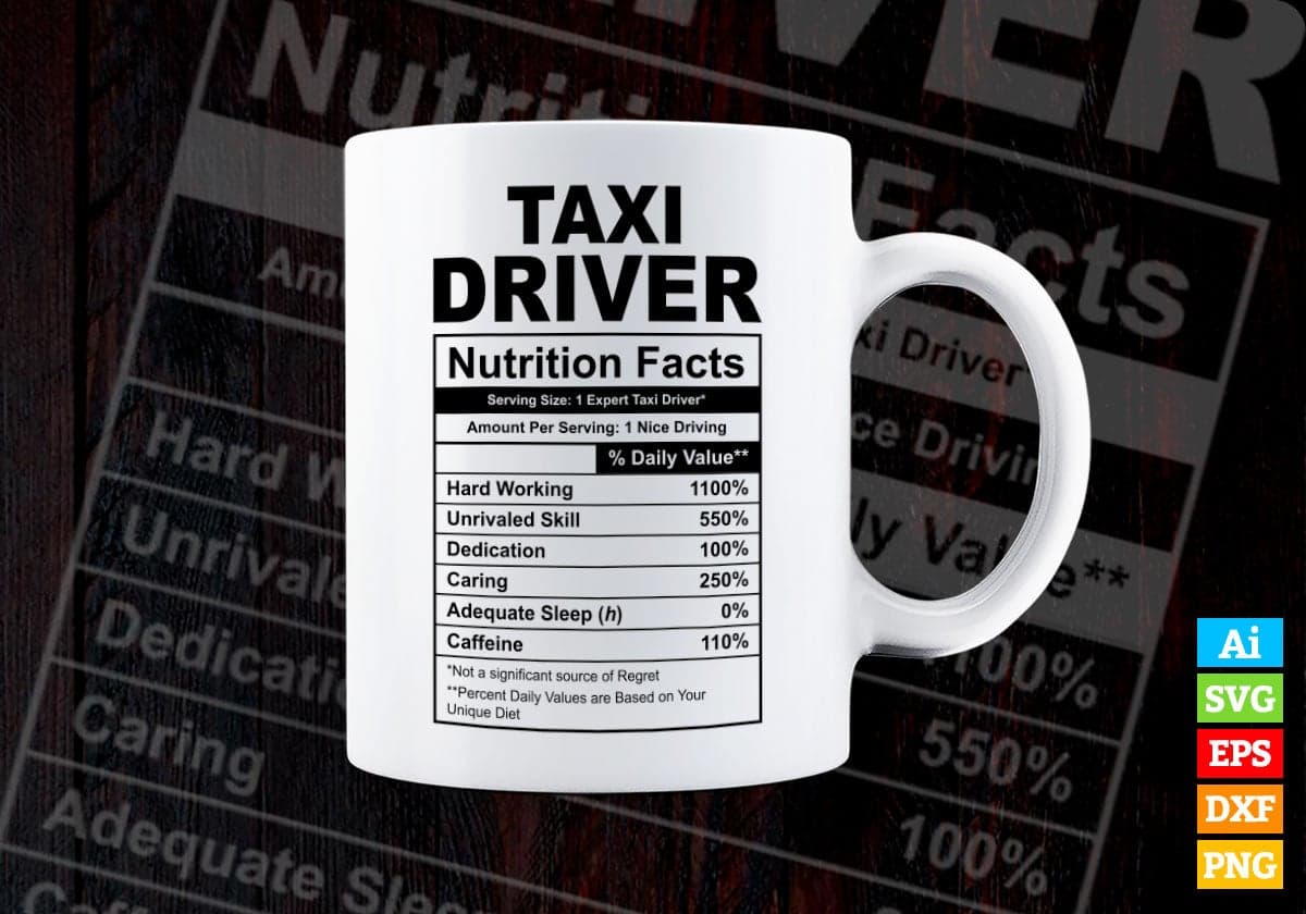 Funny Taxi Driver Nutrition Facts Editable Vector T-shirt Design in Ai Svg Png Files