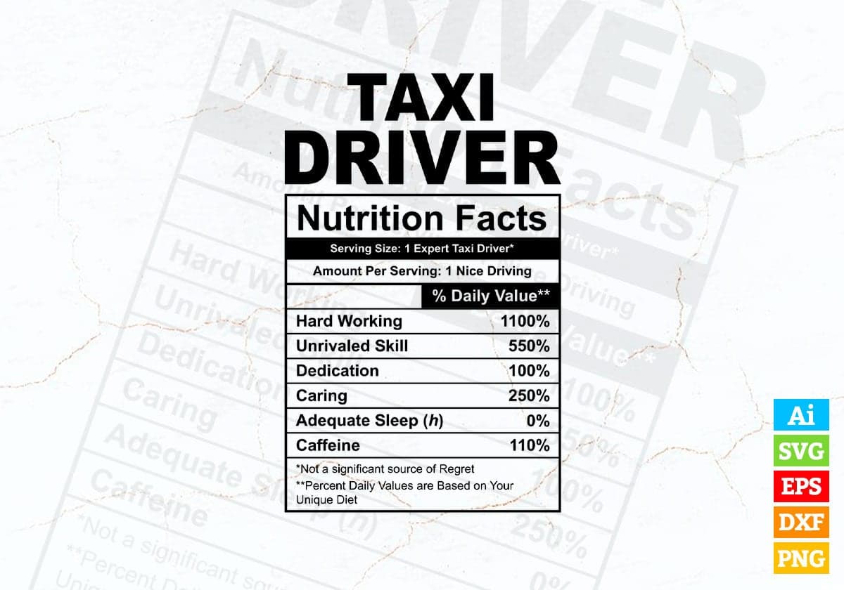 Funny Taxi Driver Nutrition Facts Editable Vector T-shirt Design in Ai Svg Png Files