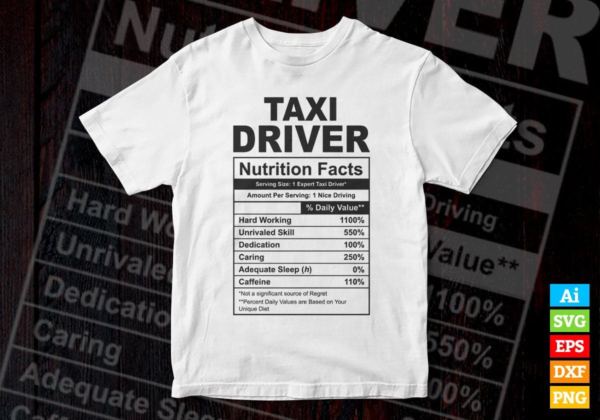 Funny Taxi Driver Nutrition Facts Editable Vector T-shirt Design in Ai Svg Png Files