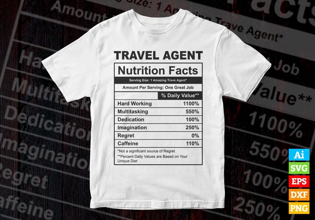 Funny Travel Agent Nutrition Facts Editable Vector T-shirt Design in Ai Svg Png Files