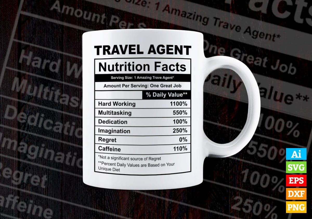 Funny Travel Agent Nutrition Facts Editable Vector T-shirt Design in Ai Svg Png Files