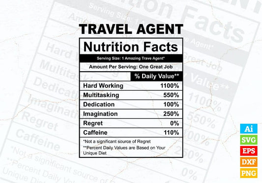 Funny Travel Agent Nutrition Facts Editable Vector T-shirt Design in Ai Svg Png Files