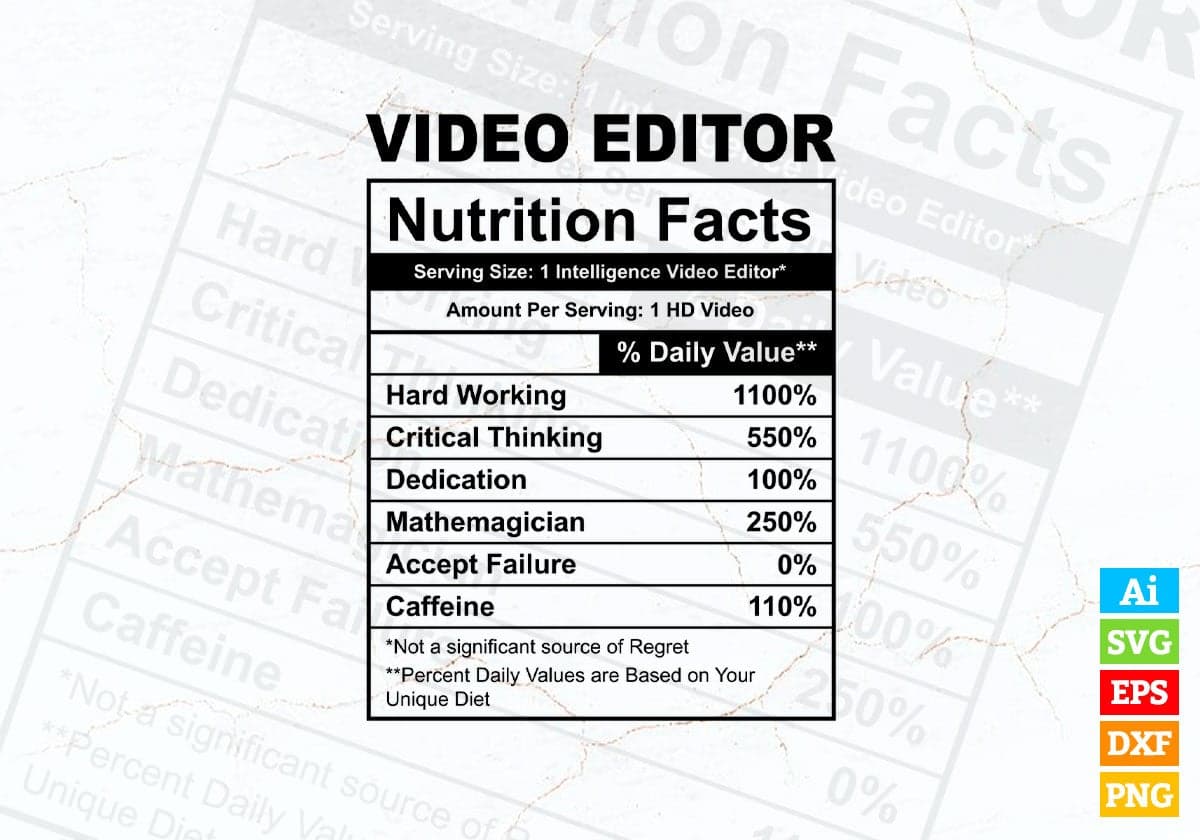 Funny Video Editor Nutrition Facts Editable Vector T-shirt Design in Ai Svg Png Files