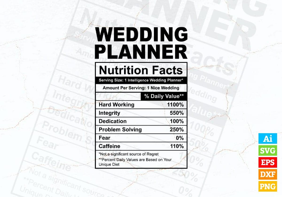 Funny Wedding Planner Nutrition Facts Editable Vector T-shirt Design in Ai Svg Png Files