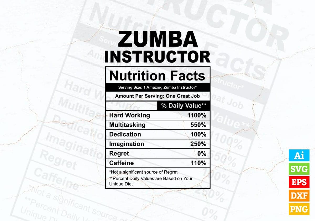 Funny Zumba Instructor Nutrition Facts Editable Vector T-shirt Design in Ai Svg Png Files