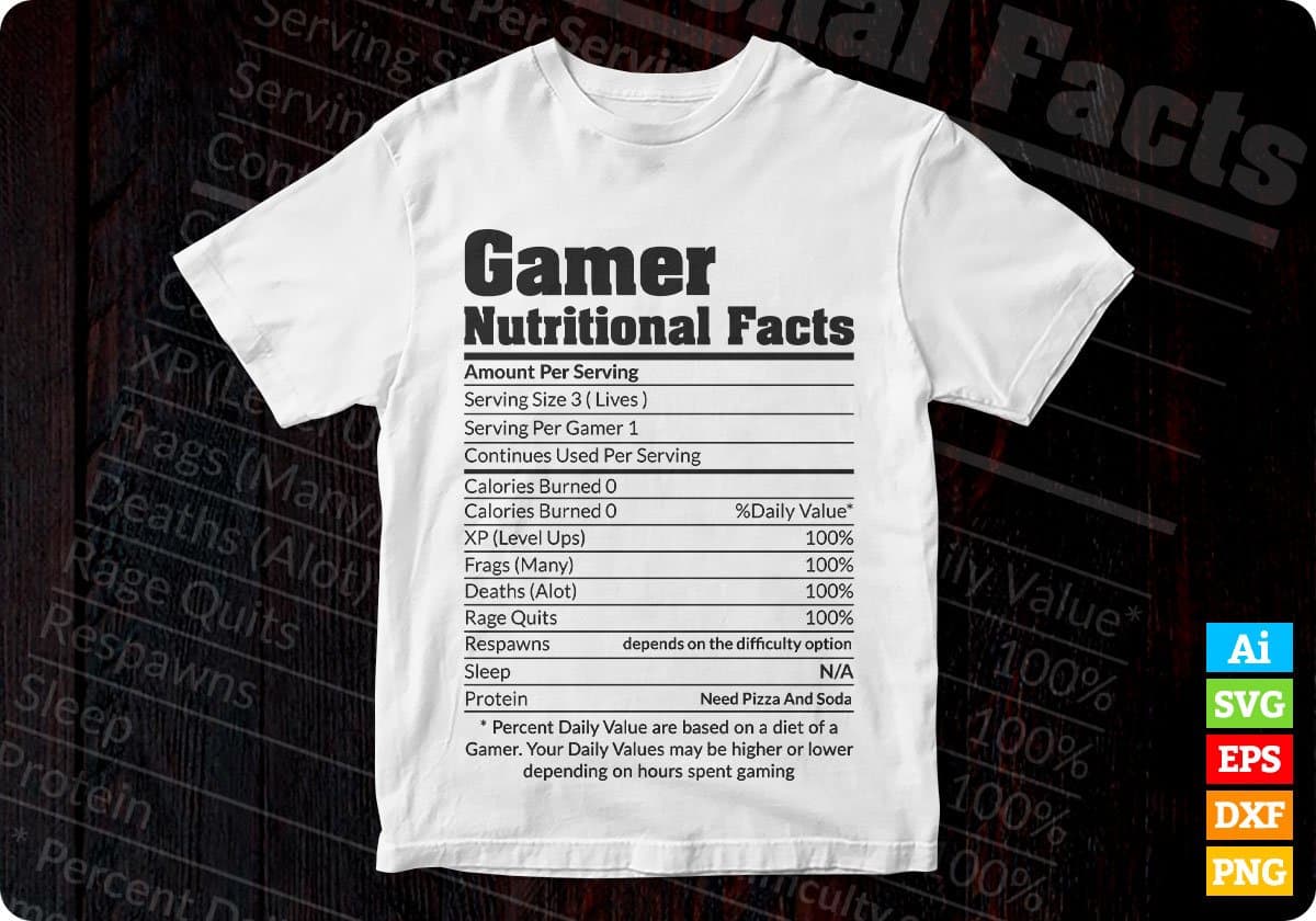 Gamer Nutritional Facts Cool Gamer Video Game Funny Editable T-Shirt Design in Ai Svg Cutting Printable Files