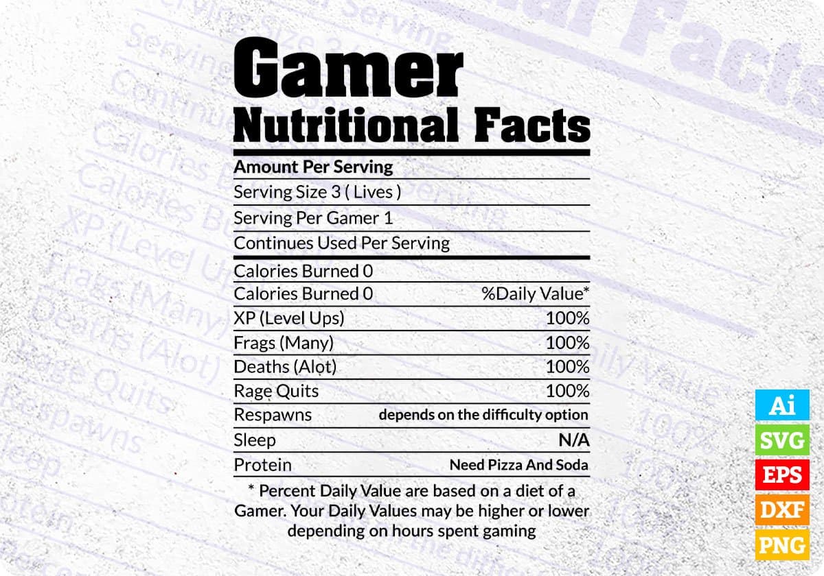 Gamer Nutritional Facts Cool Gamer Video Game Funny Editable T-Shirt Design in Ai Svg Cutting Printable Files