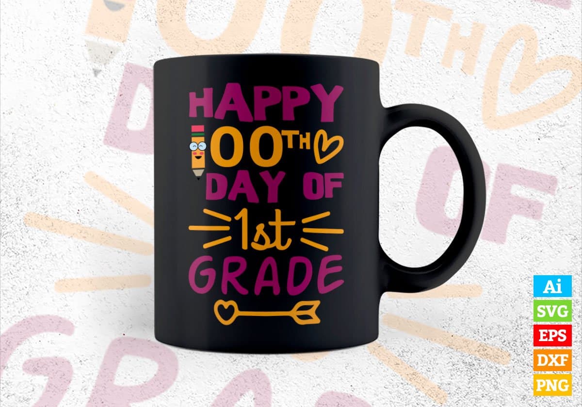 Happy 100th Day Of 1st Grade School Editable Vector T-shirt Design in Ai Svg Files