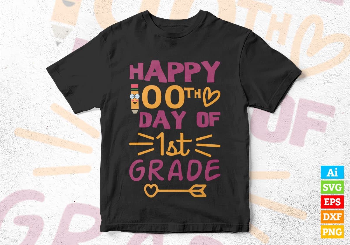 Happy 100th Day Of 1st Grade School Editable Vector T-shirt Design in Ai Svg Files