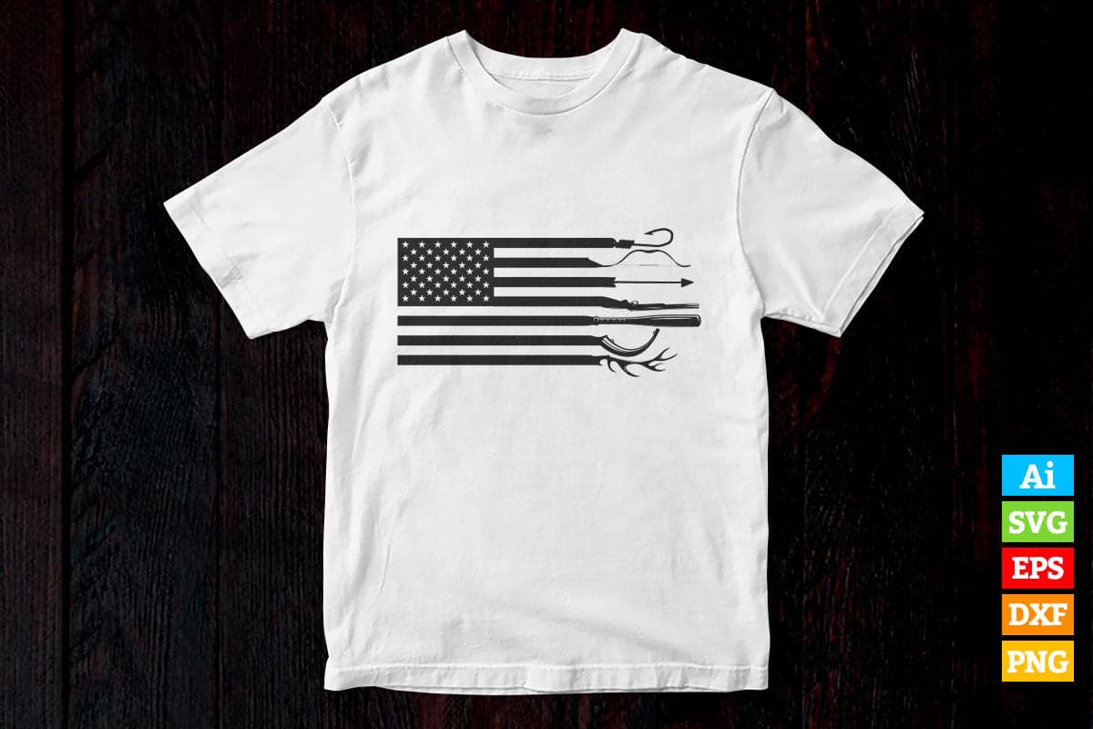 Hunting and Fishing American flag Vector T shirt Design in Ai Png Svg Files