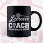 Lacrosse Coach A Always Right Editable Vector T-shirt Design in Ai Svg Png Files