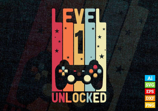 Level 1 Unlocked Video Gamer 1st Birthday Editable Vector T-shirt Designs Png Svg Files