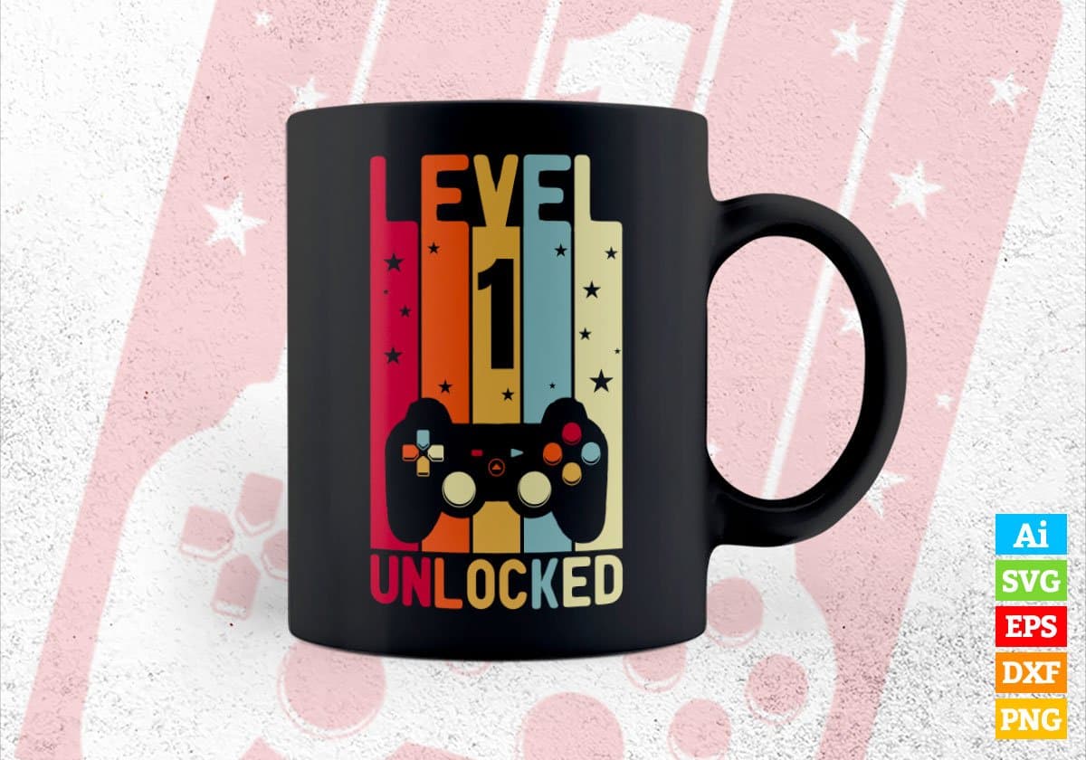 Level 1 Unlocked Video Gamer 1st Birthday Editable Vector T-shirt Designs Png Svg Files