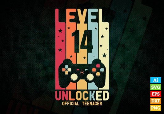 Level 14 Unlocked Official Teenager Video Gamer 14th Birthday Editable Vector T-shirt Designs Png Svg Files