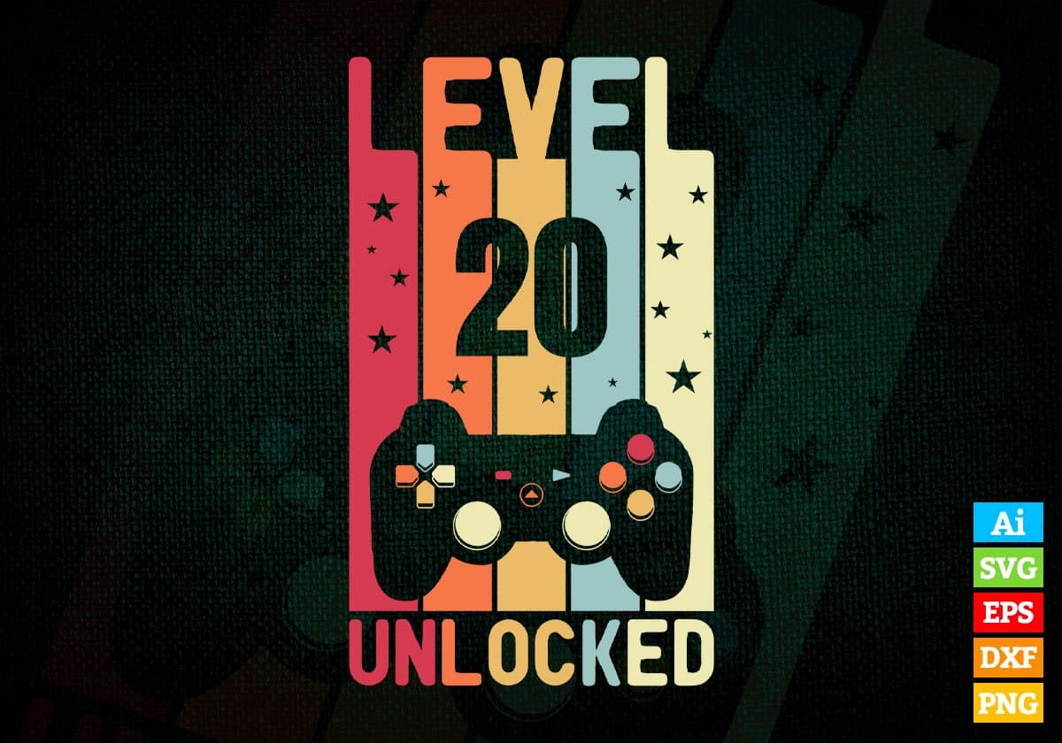 Level 20 Unlocked Video Gamer 20th Birthday Editable Vector T-shirt Designs Png Svg Files