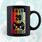 Level 20 Unlocked Video Gamer 20th Birthday Editable Vector T-shirt Designs Png Svg Files