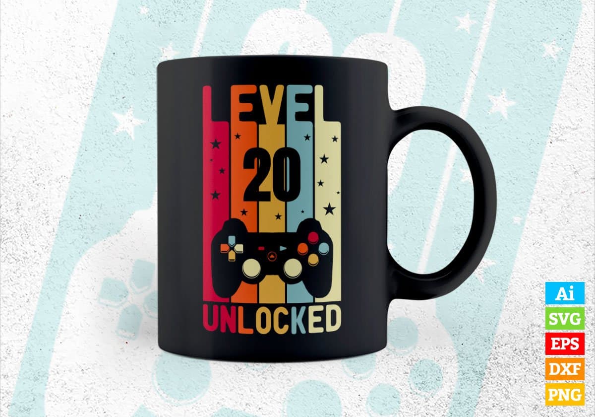 Level 20 Unlocked Video Gamer 20th Birthday Editable Vector T-shirt Designs Png Svg Files