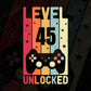 Level 45 Unlocked Video Gamer 45th Birthday Editable Vector T-shirt Designs Png Svg Files
