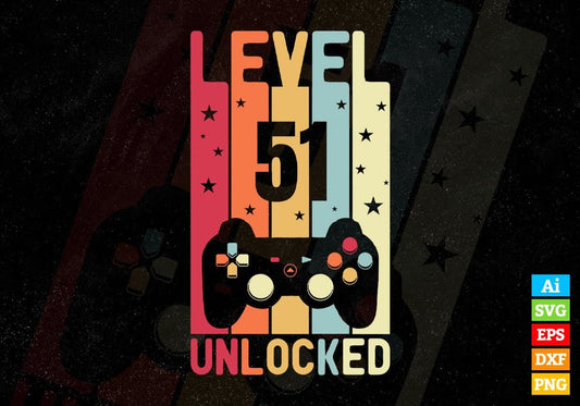 Level 51 Unlocked Video Gamer 51st Birthday Editable Vector T-shirt Designs Png Svg Files