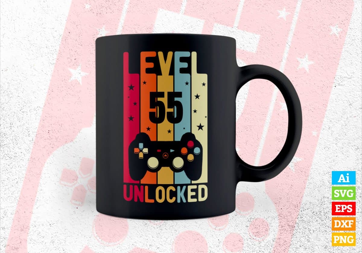 Level 55 Unlocked Video Gamer 55th Birthday Editable Vector T-shirt Designs Png Svg Files