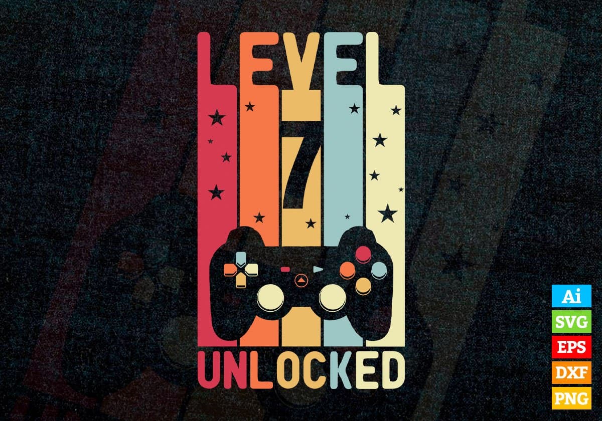 Level 7 Unlocked Video Gamer 7th Birthday Editable Vector T-shirt Designs Png Svg Files