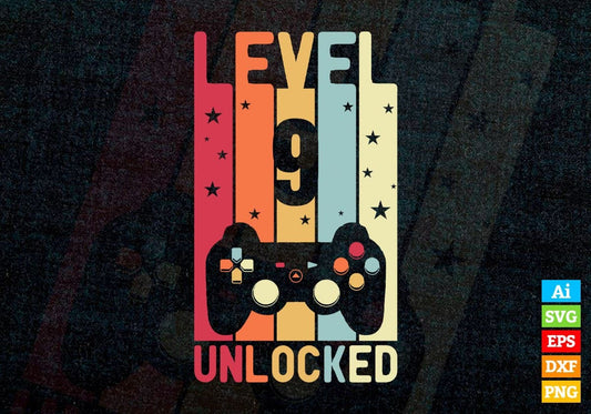 Level 9 Unlocked Video Gamer 9th Birthday Editable Vector T-shirt Designs Png Svg Files