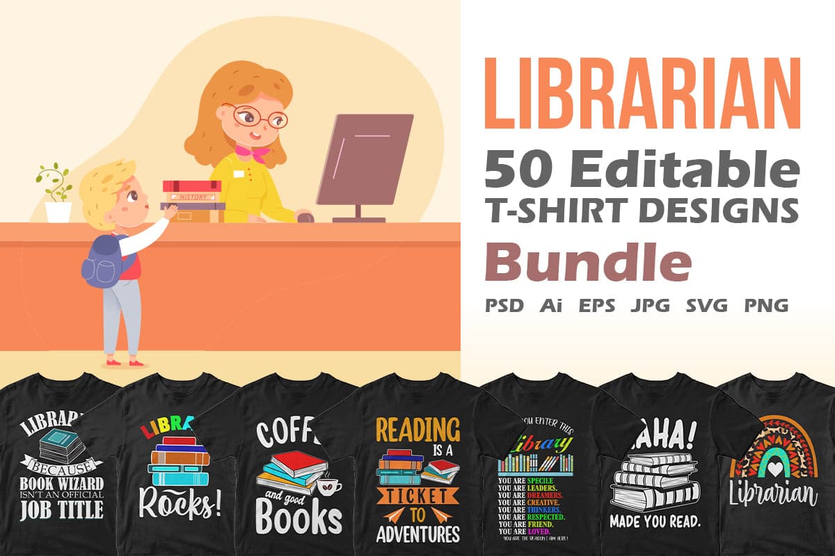 Librarian 50 Editable T-shirt Designs Bundle Part 1