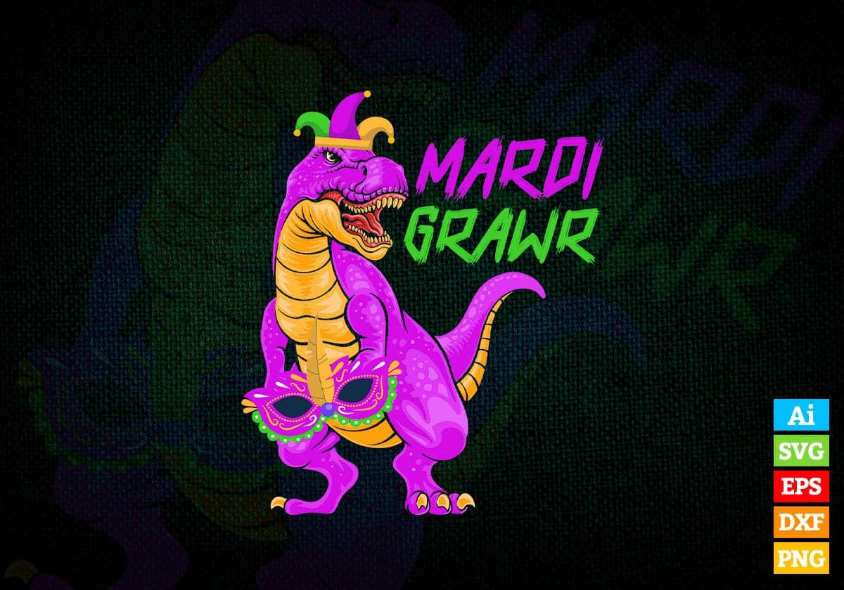 Mardi Grawr T-Rex Dinosaur Dino Kids Mardi Gras Boys Editable Vector T-shirt Design in Ai Svg Png Files