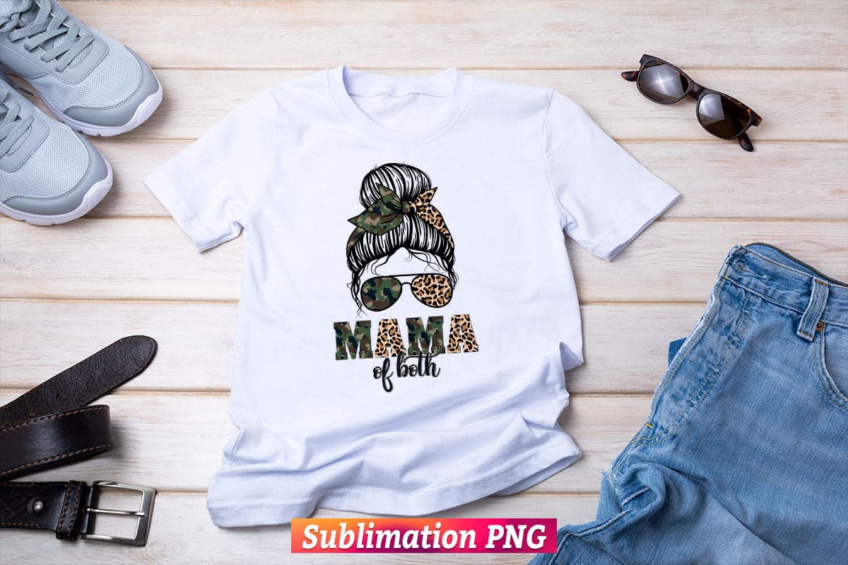 Messy Bun Mama of Both Camouflage Leopard Mother's Day T shirt Design Png Sublimation Files