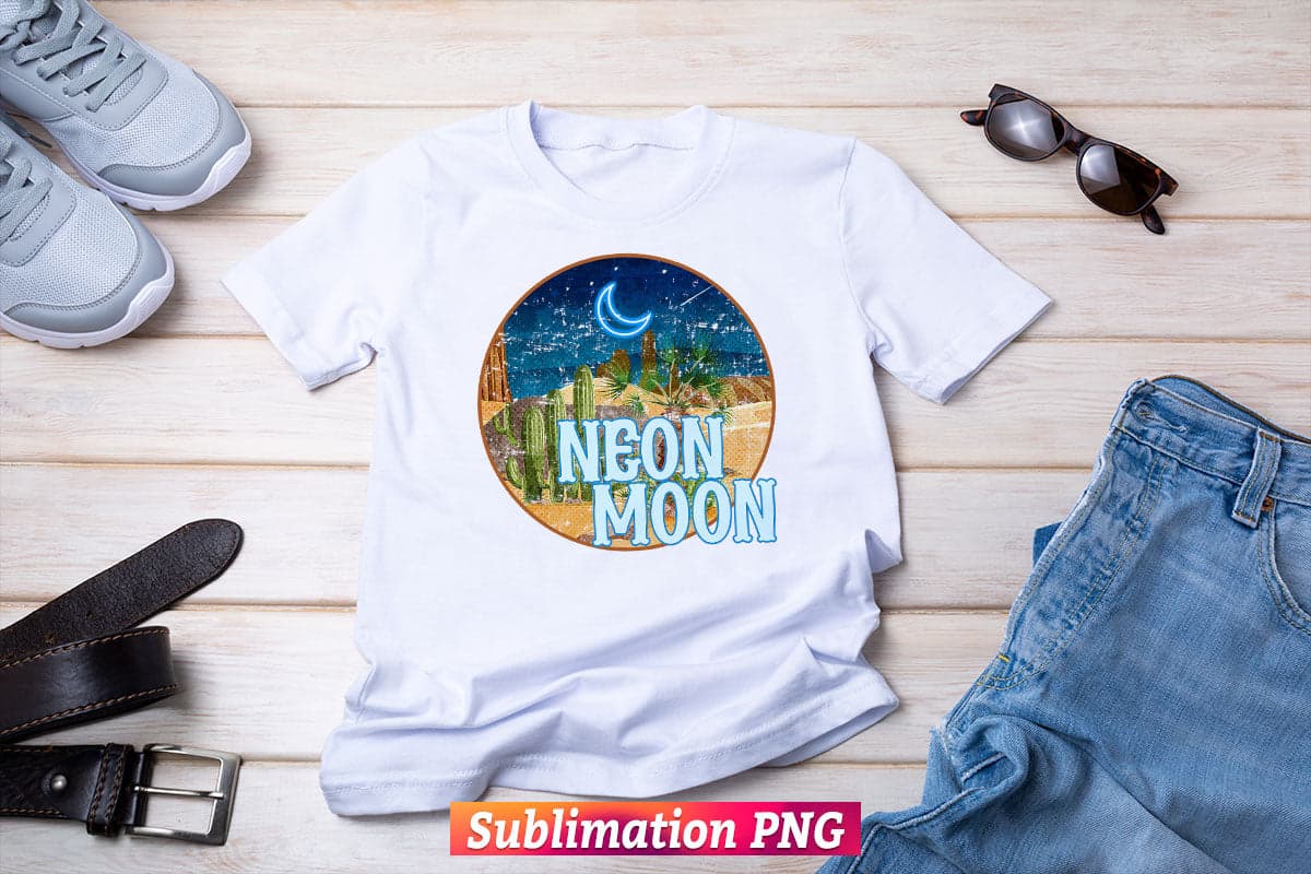 Neon Moon Western Retro Vintage T shirt Design Png Sublimation Files