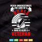 Never Underestimate The love of a Who is also a Veteran 4th of July Svg T shirt Design.