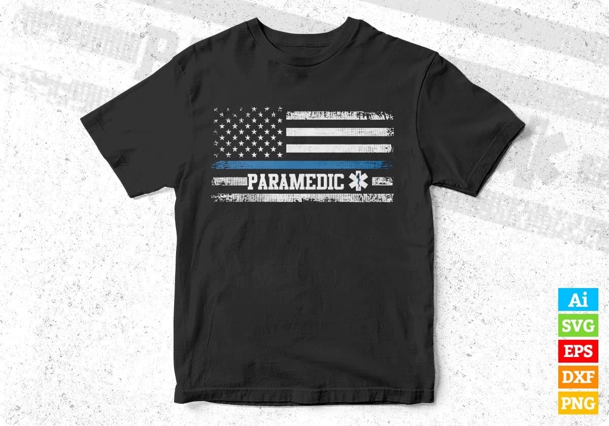 Paramedic Flag Thin Blue Line White Distressed USA Flag Editable T shirt Design In Ai Svg Files