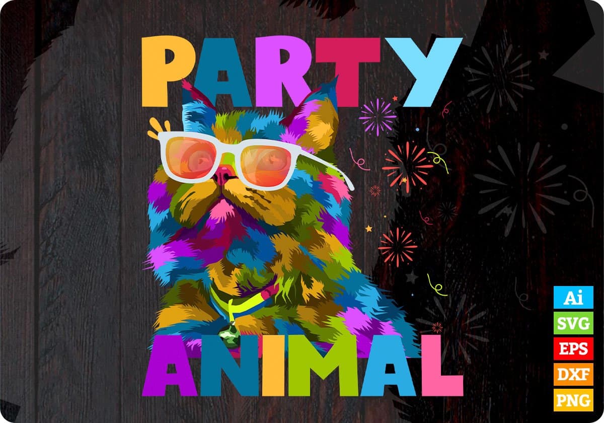 Party Cat: Party Animal Colorful Graphic Editable T-Shirt Design in Ai Png Svg Cutting Printable Files
