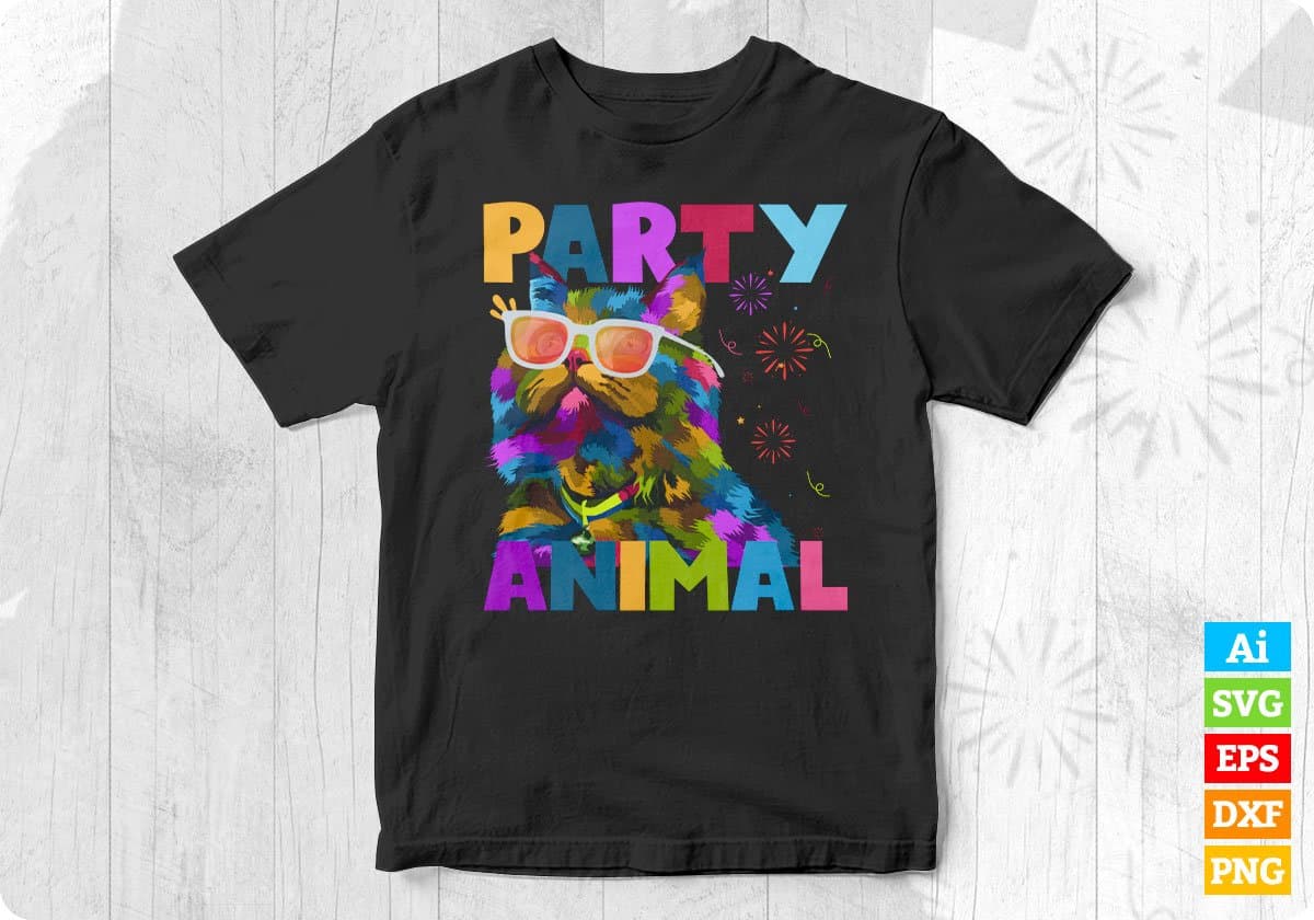 Party Cat: Party Animal Colorful Graphic Editable T-Shirt Design in Ai Png Svg Cutting Printable Files