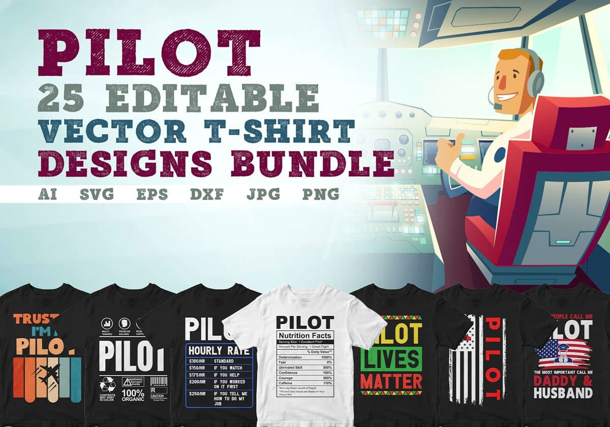 Pilot 25 Editable T-shirt Designs Bundle