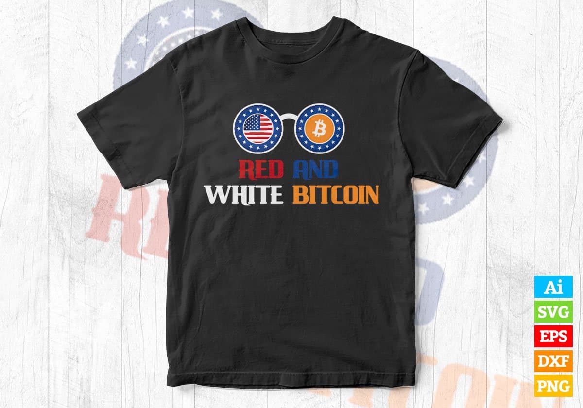 Red and White Bitcoin USA Flag with Crypto Bitcoin in Sunglass Editable Vector T-shirt Design in Ai Svg Files