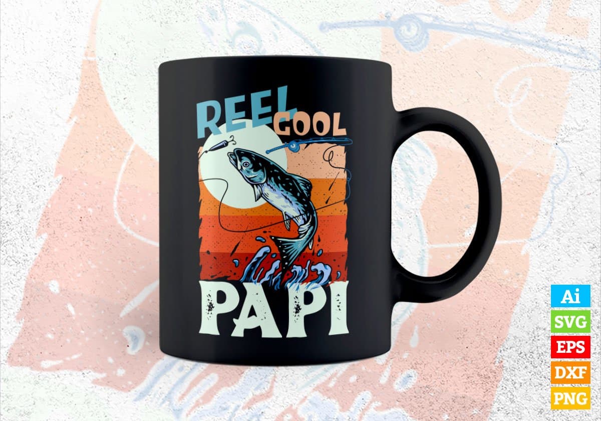 Reel Cool Papi Fishing Father's Day Editable Vector T-shirt Design in Ai Svg Files