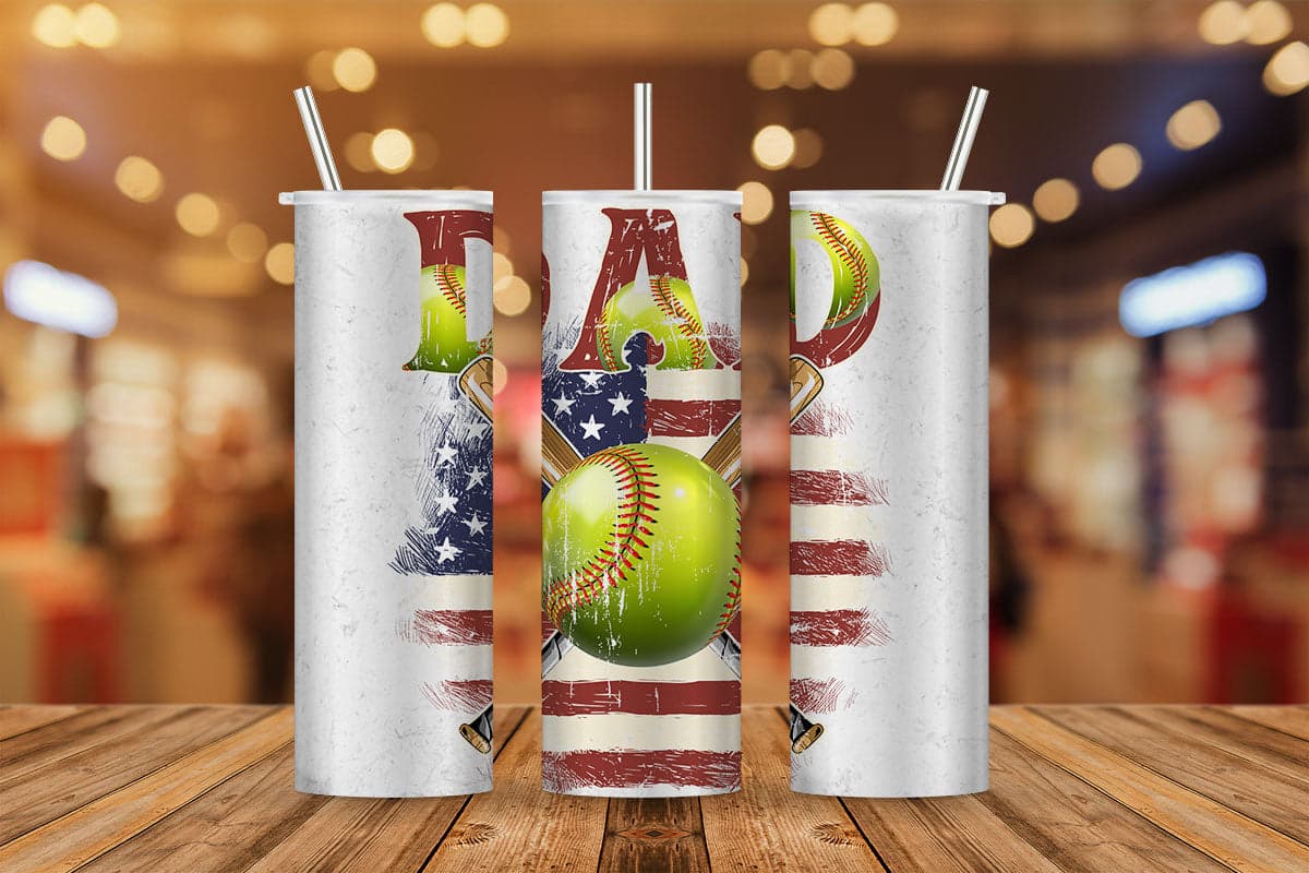 Softball Dad Sports Daddy USA Flag 4th of July Father's Day T shirt Tumbler Design Png Sublimation Files