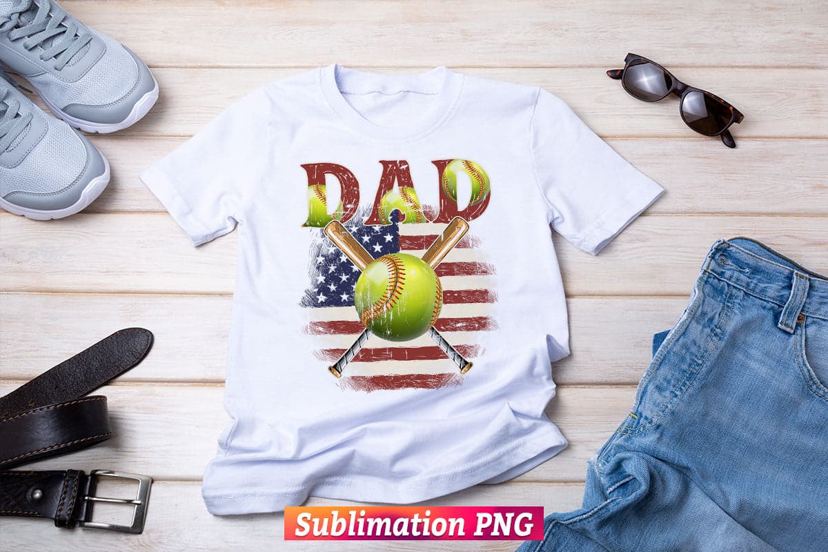 Softball Dad Sports Daddy USA Flag 4th of July Father's Day T shirt Tumbler Design Png Sublimation Files