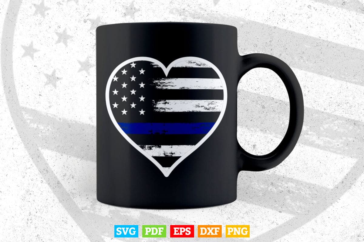 Thin Blue Line Heart Flag Police Officer Support Svg Cricut Files.