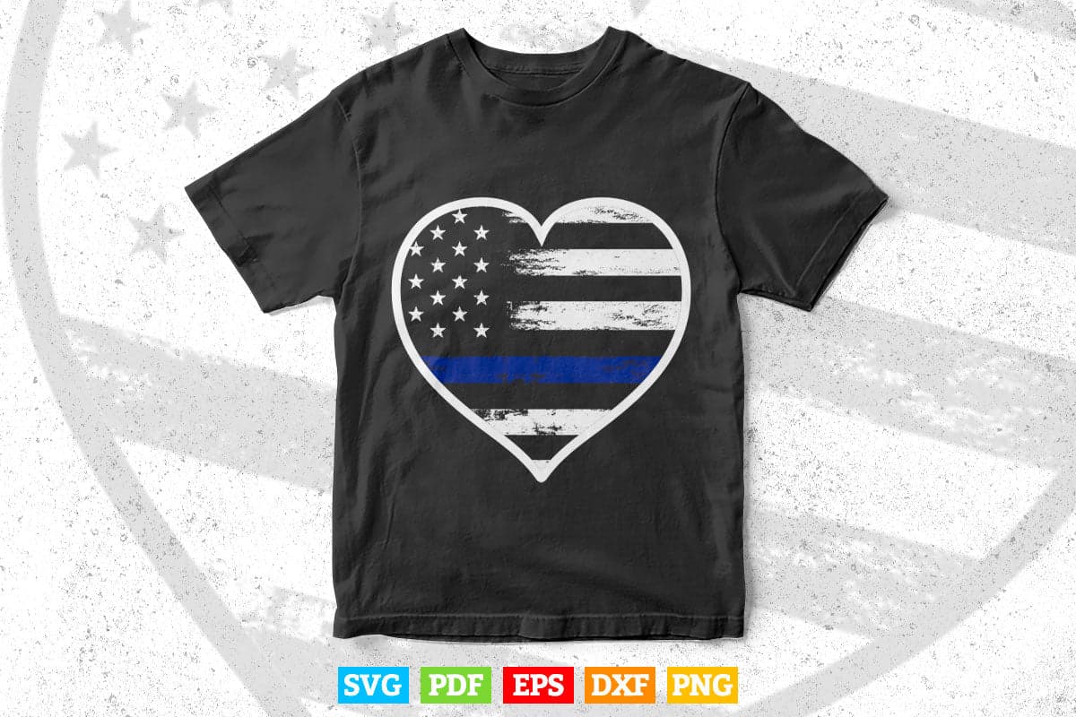 Thin Blue Line Heart Flag Police Officer Support Svg Cricut Files.