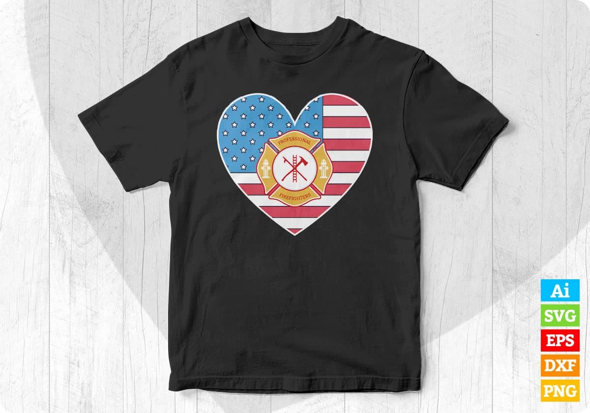 Thin Red Line Firefighter Love American Flag Heart Editable T shirt Design In Ai Svg Cutting Printable Files