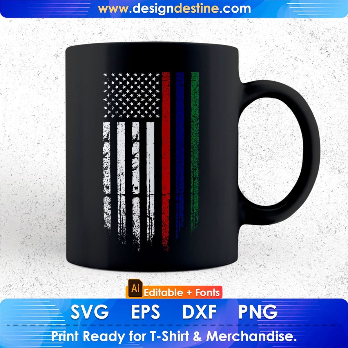 USA Flag Thin Red Blue Green Line Tee Police Firefighters Military Editable T shirt Design In Ai Svg Cutting Printable Files